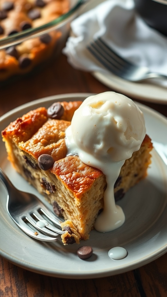 A slice of banana bread dump cake with ice cream on a plate, showcasing the golden texture and banana pieces.